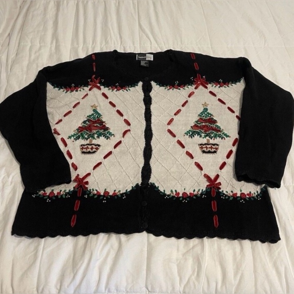 True Vintage 1990's Beldoch Popper Ugly Sweater Sz XL Christmas Tree Button Up